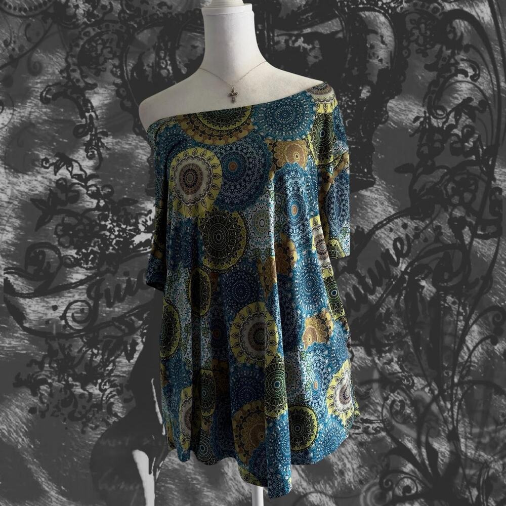 green blue and navy intricate mandala medallion boho grunge whimsical top